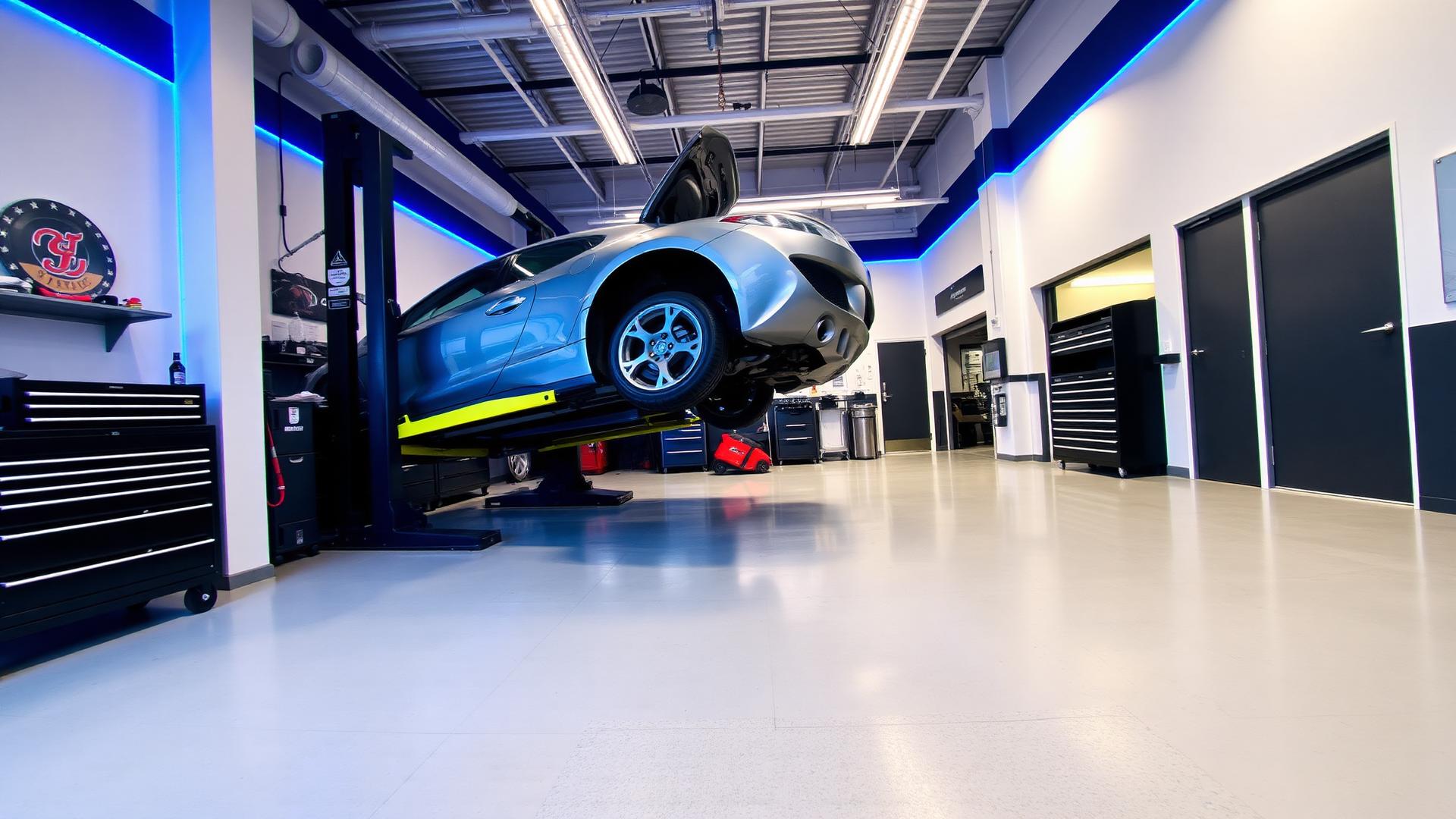 Modern auto repair shop interior with a car on the lift